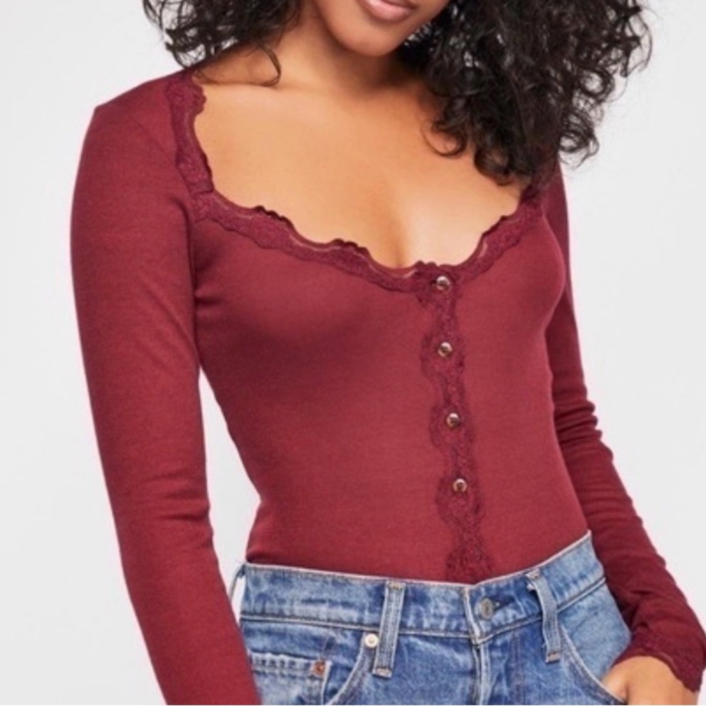 Free People Keep It Simple Long Sleeve Lace Trim Top